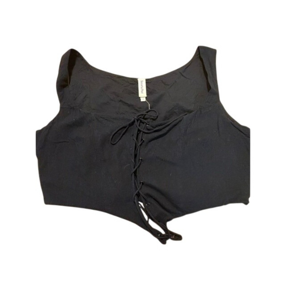 Samantha Pleet Black Cotton Lace Up Corset Top Square Neck Sleeveless Size 18